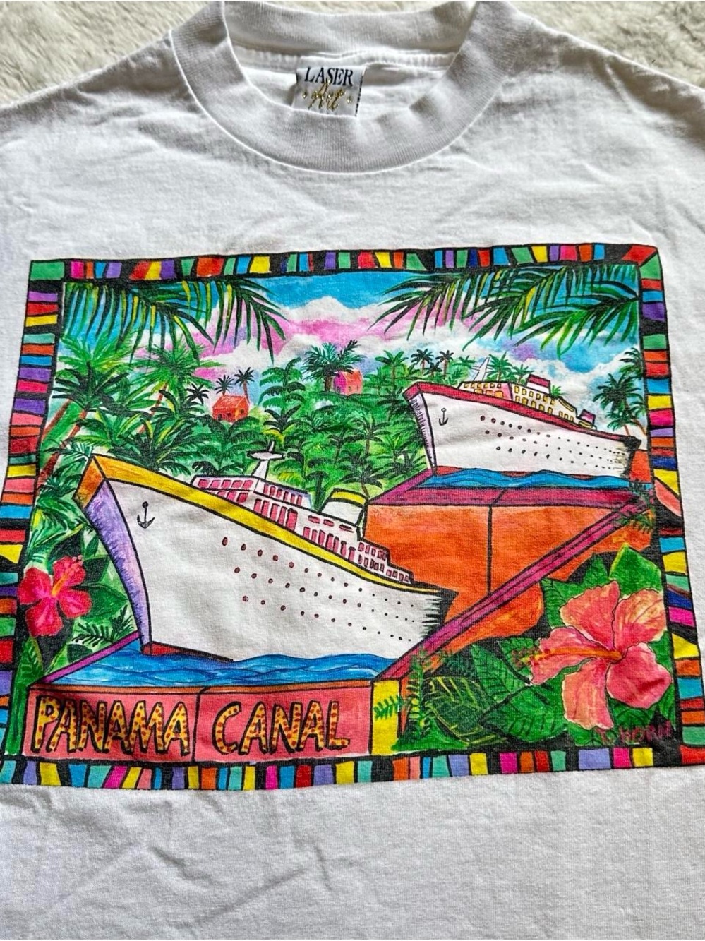 Vintage 1990s White Panama Canal Graphic Tee M